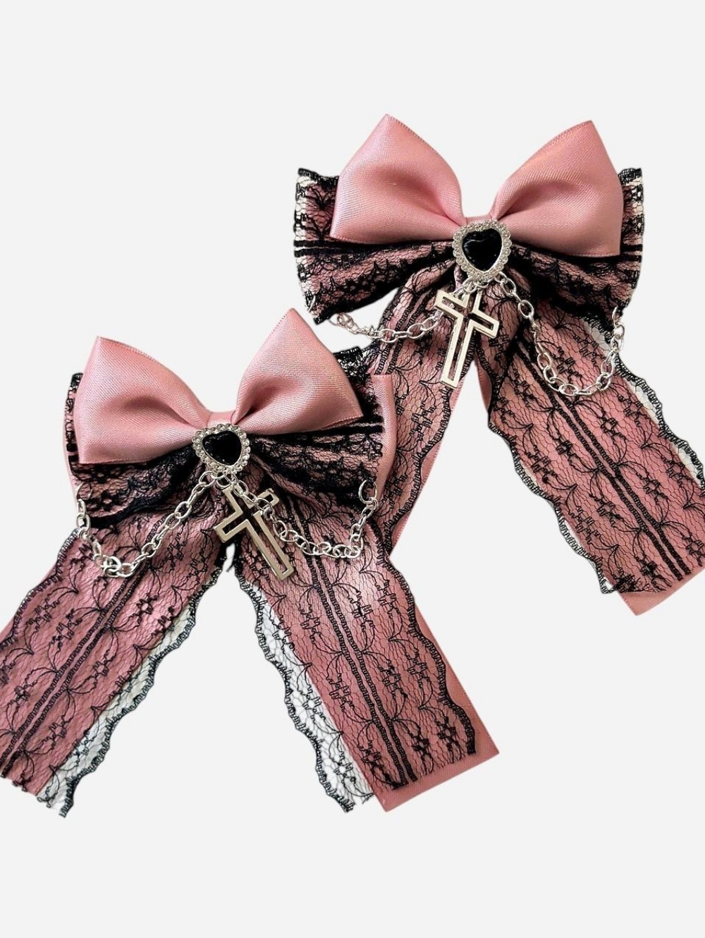 💖2/$25💖 Lace ribbon clips with black heart & silver cross charm